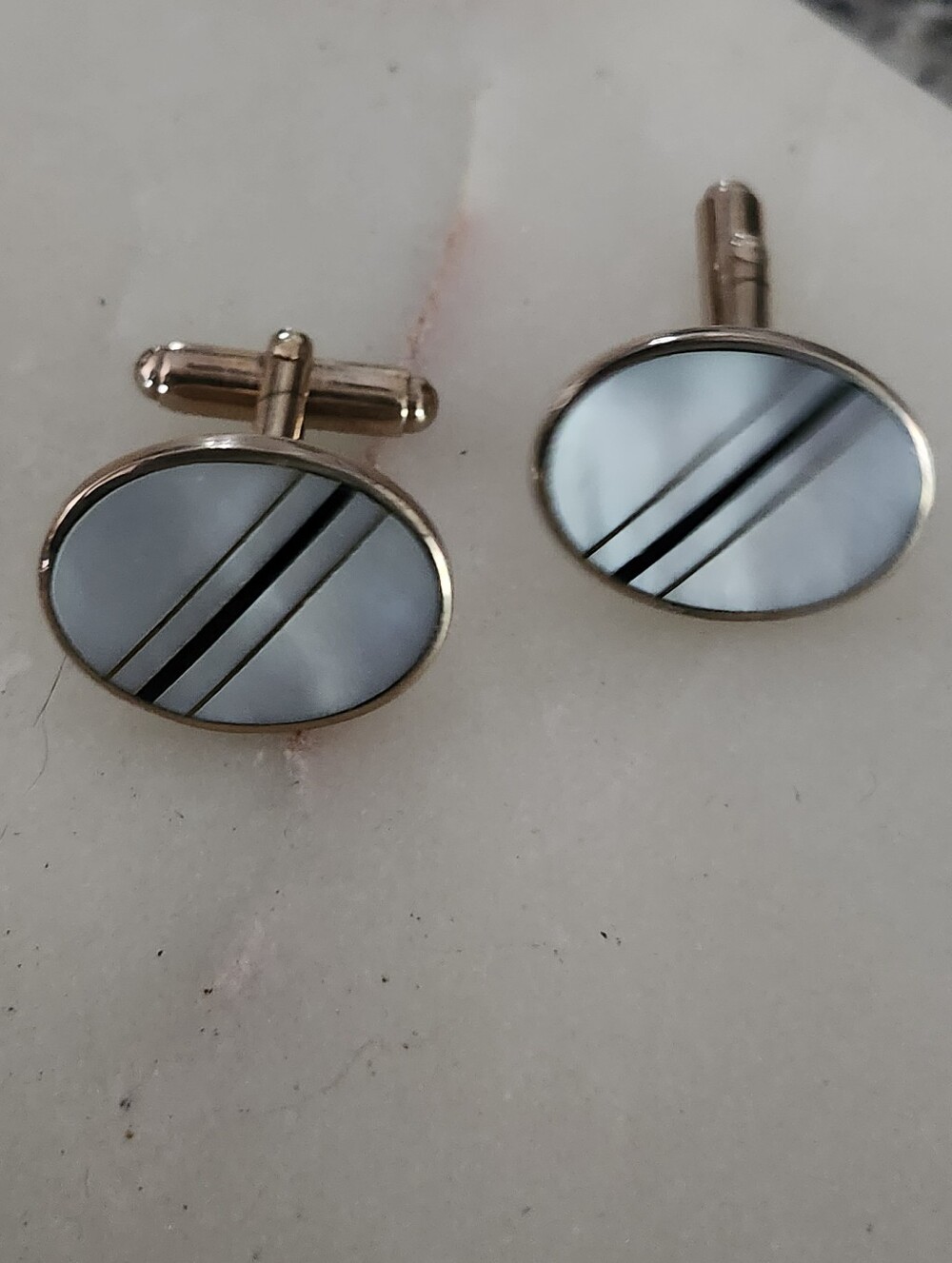 Vtg Austria Gold Tone Oval Mother-of-Pearl Cuff Links with Black Stripes